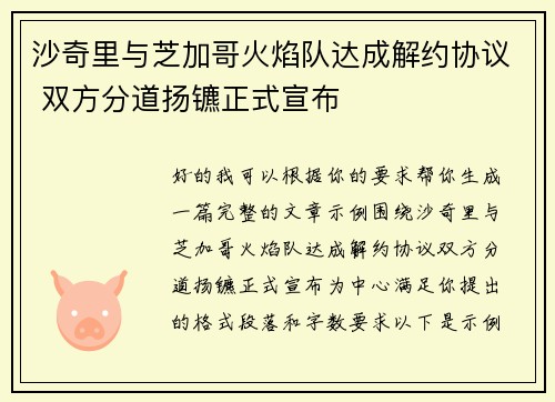 沙奇里与芝加哥火焰队达成解约协议 双方分道扬镳正式宣布